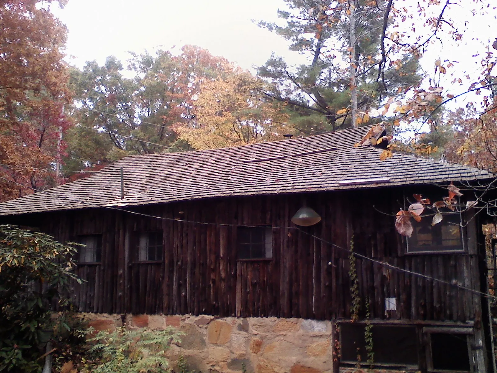Weathered wood shake roof on a rustic board sided cabin in Dillsboro